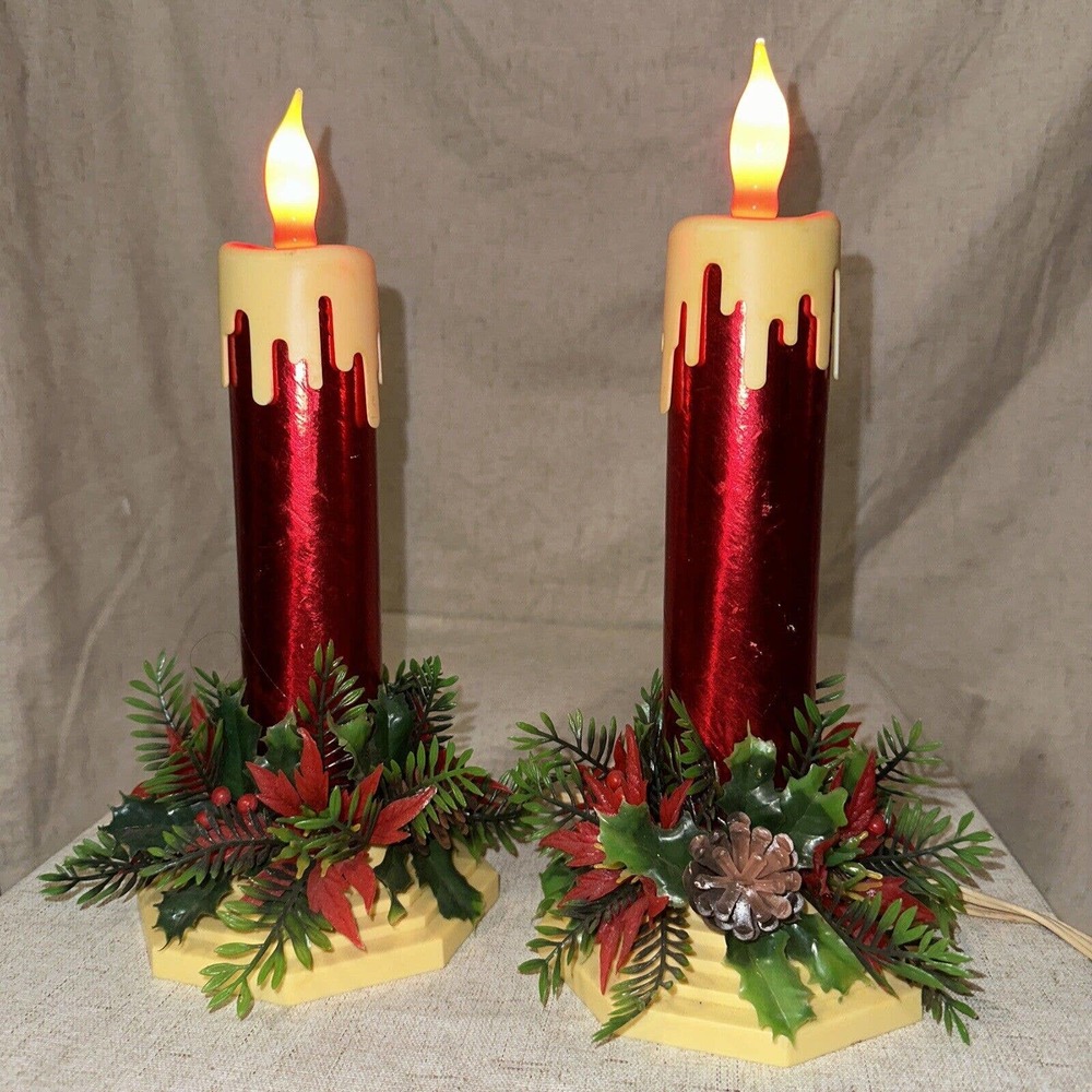 Set Vtg 12” plastic foil red electric christmas candle flame bulb greenery Light